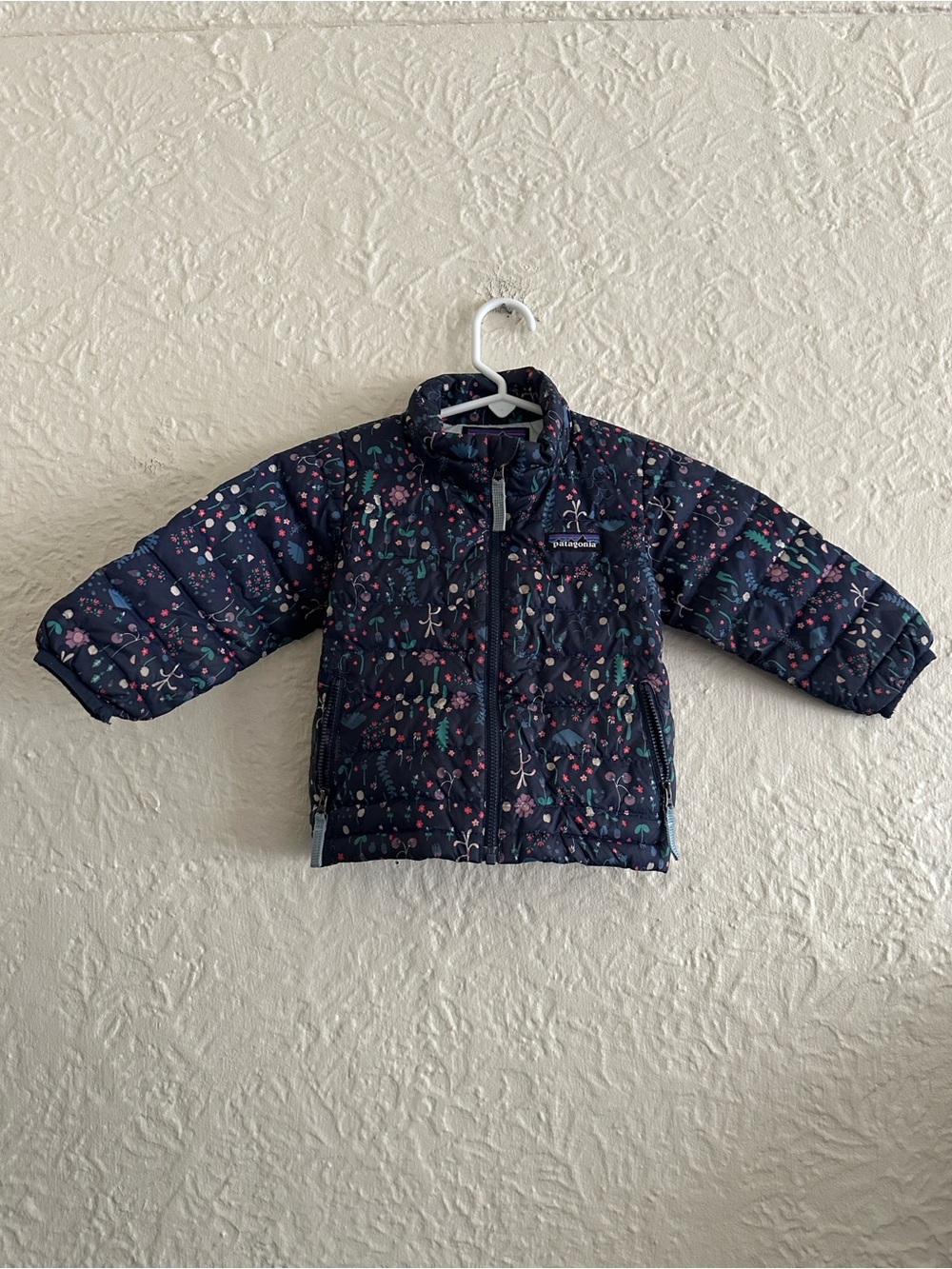 Patagonia Girls Floral Puffer Jacket Baby Down Sweater 6-12 Months Dark Blue